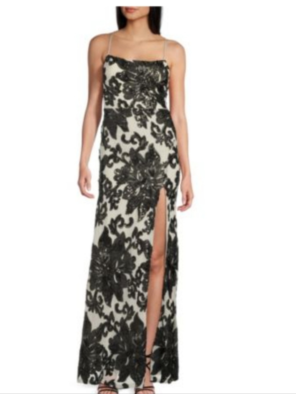 Midnight Doll Black and White Sequin Evening Gown with Strappy Back